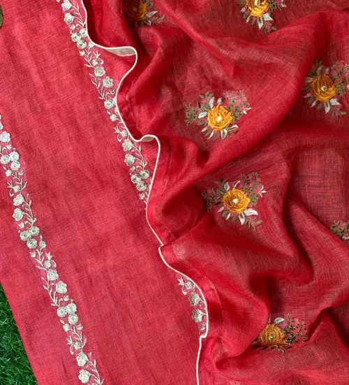 Pure Linen by Linen Floral Embroidery Work Unstitched Top Material with Matching Dupatta – Elegant Summer Wear for Women